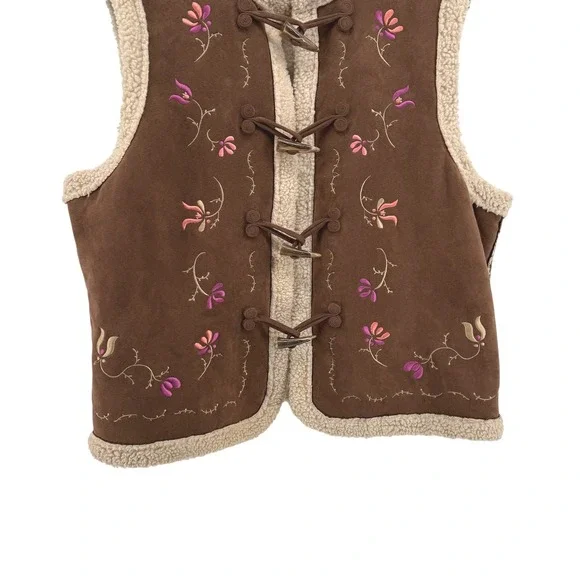 Relativity Womens Large Pre-Owned Faux Suede Brown Embroidered Sherpa Lined Vest - Picture 4 of 17